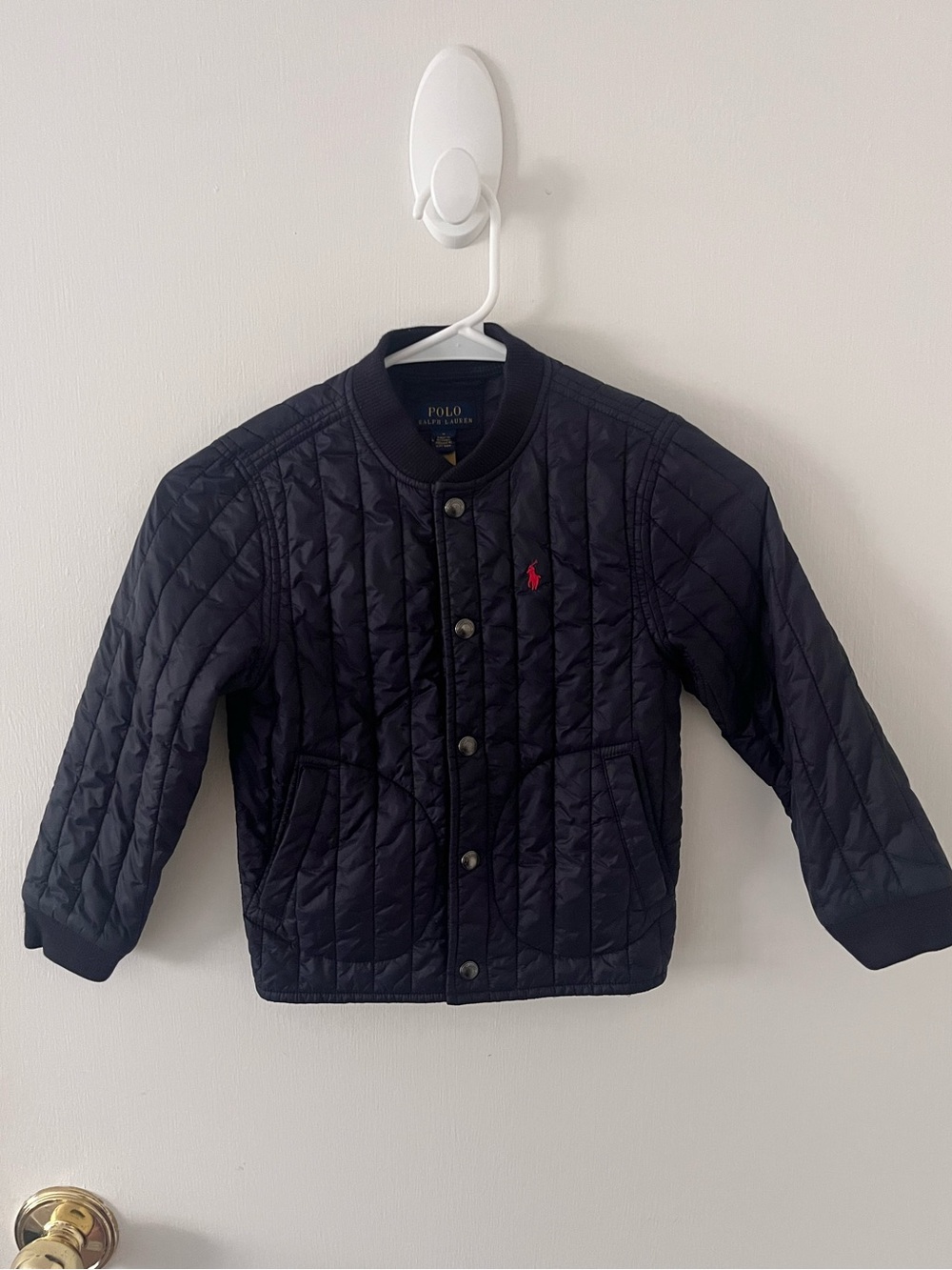 Polo Ralph Lauren Boys Quilted Terra Varsity Bomber Jacket Front Navy Red Pony 6
